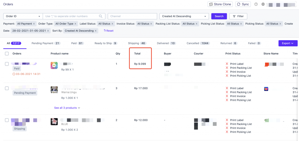 What Does Total Mean In Order Section Ginee